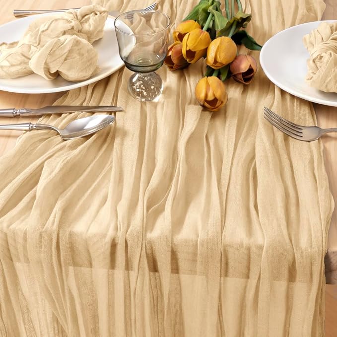 2 Pack Champagne Cheesecloth Table Runner 10ft Boho Sand Gauze Decor | - Image 2