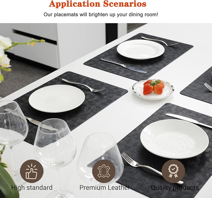 Black Vinyl Placemats Set of 6 Waterproof Wipeable Table Mats | Heat Resistant - Image 2