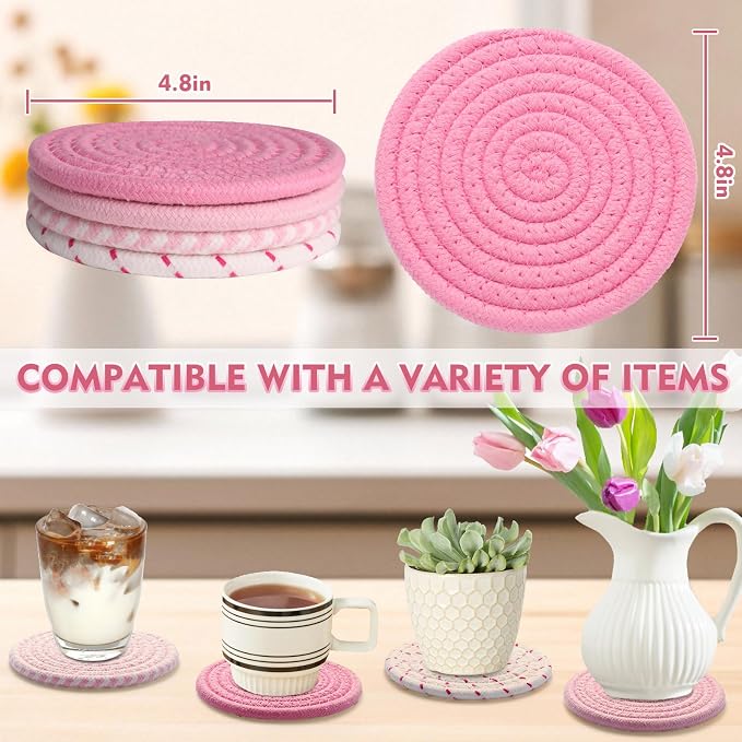 4.8 Inch Drink Coasters Set of 4, Large Fabric Cotton Coasters, Cute Girly - Image 2
