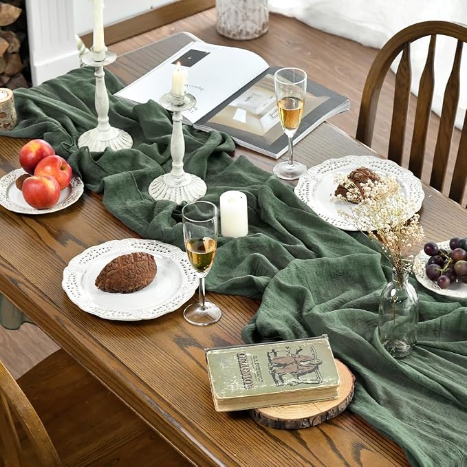 Artoid Mode Boho Cheesecloth Gauze Forest Green Wedding Table Runner, 160 Inch - Image 3