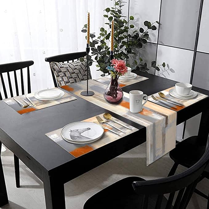 Orange and Grey Table Runner and Place Mats Set of 6 Abstract Modern Table - Image 3