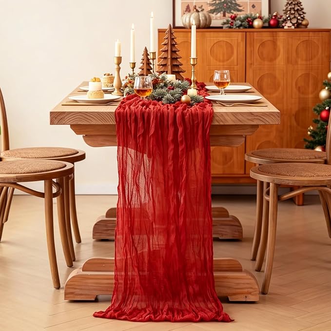 3Pcs Red Table Runner, 10FT Rustic Gauze Red Table Runner 35*120inch Boho Table - Image 5