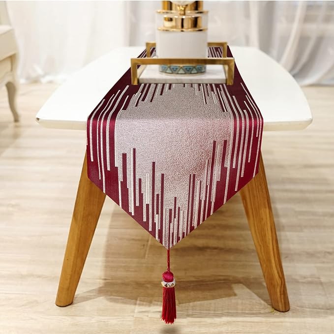 Luxury Red Faux Silk Table Runner, Modern Geometric Lines, Tassel | Table - Image 4