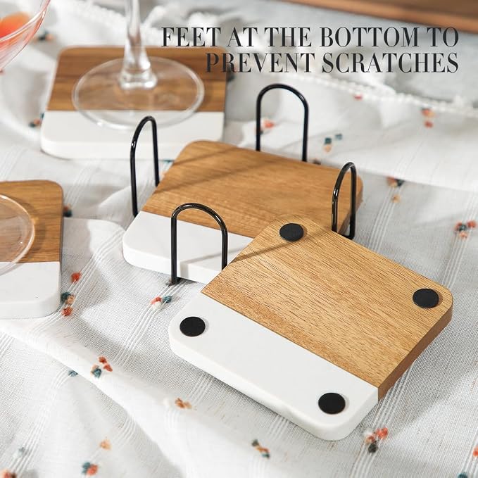 Acacia Wood Marble Coasters for Drinks - Image 2