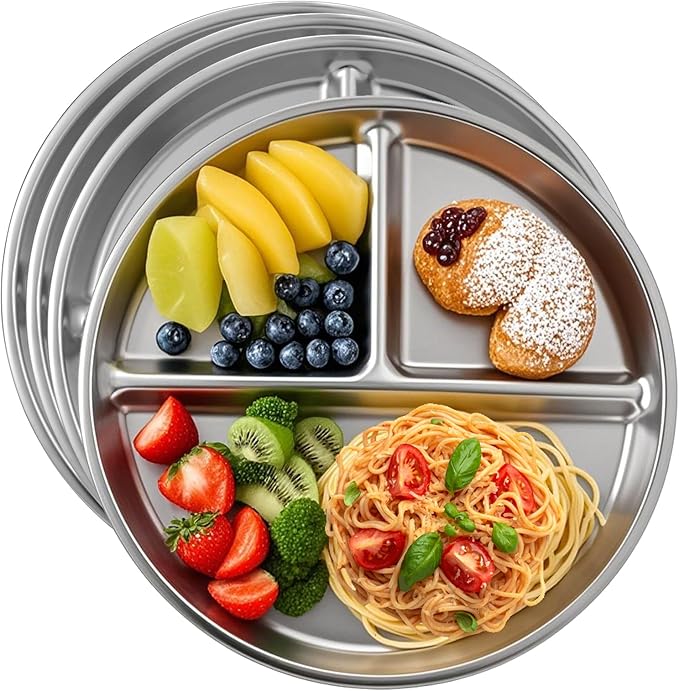 4pcs 304 Stainless Steel Kids Plates，9"Non-Toxic Circular Portion Control by Unknown