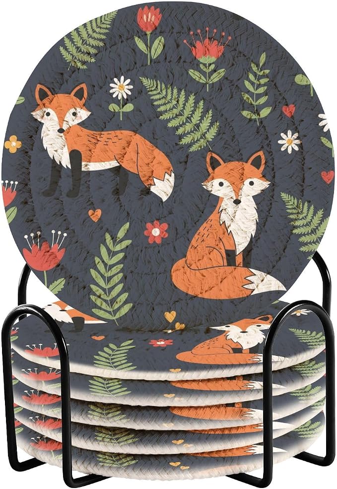 Fox Flower Black Pattern Coasters by Unknown