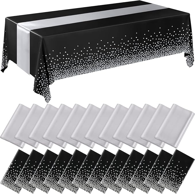 24 Packs Black and Silver Disposable Plastic Tablecloths and Satin Table Runner by Breling