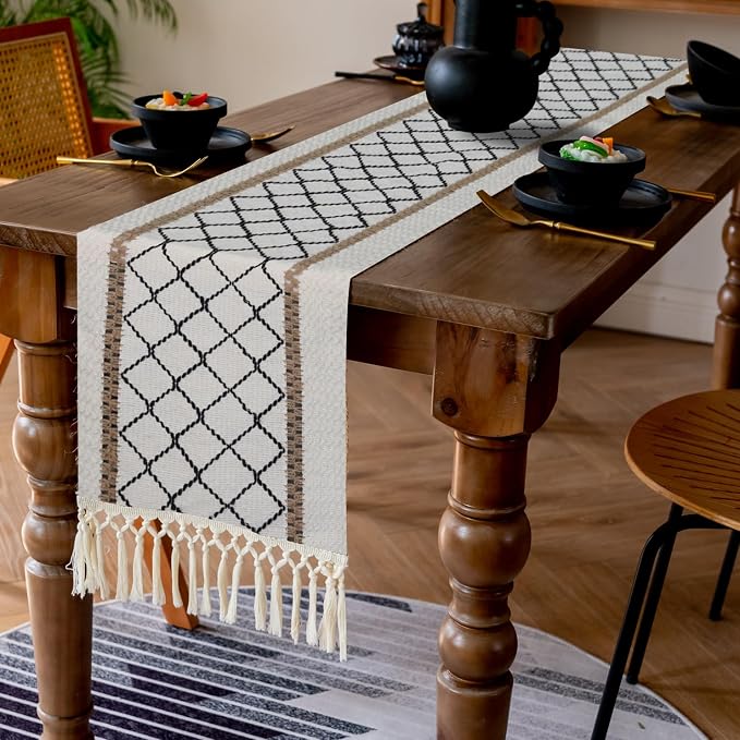 EMMTEEY Macrame Table Runner Boho Style 36 Inches Long, Hexagonal Black | - Image 6