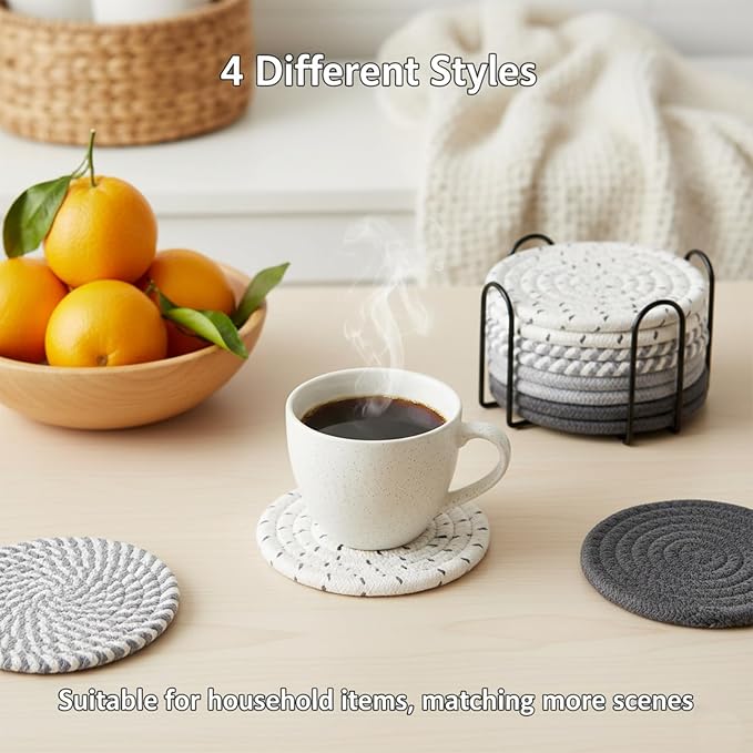 Drink Coasters Set of 8 with Holder, Cotton Woven | Absorbent cotton woven - Image 2
