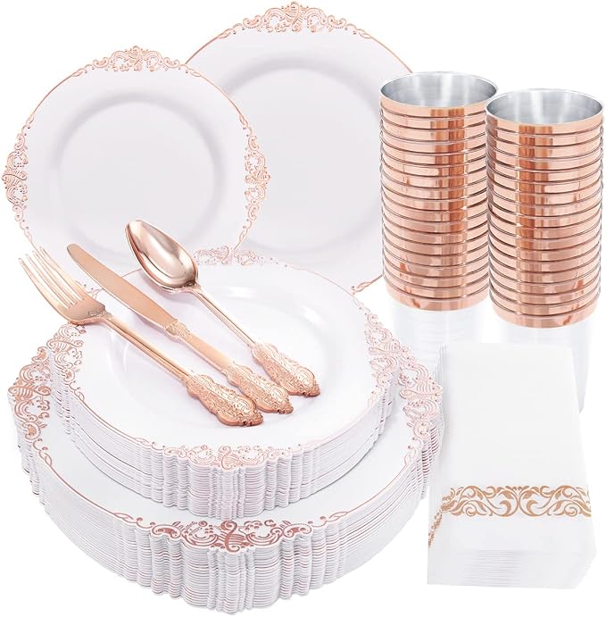 Morejoy 175PCS Rose Gold Plastic Plates & Disposable Dinnerware Sets | Inculdes by Morejoy