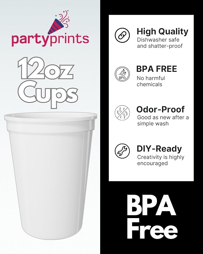 PartyPrints 100 Pack Small 10 to 12 oz White Reusable Blank Plastic Cups - Image 3