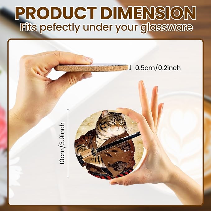 10pcs Coasters for Drinks Cute Samurai Cat Absorbent Coasters Set Round - Image 2