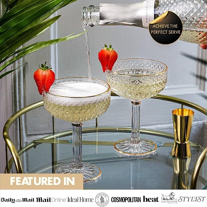 VEMACITY - Embossed Espresso Martini Glasses Set of 2 - Gold Rim Coupe Glasses - Image 4