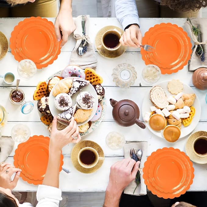 50 Pcs Orange Scalloped Paper Plates 25 × 7'' and 25 × 9'' Disposable Orange - Image 4