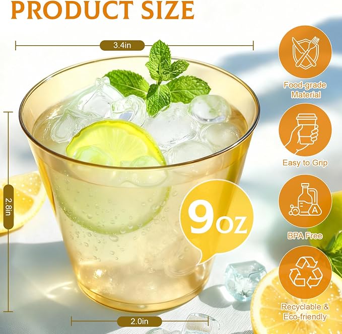 Glowserve 9 OZ Gold Disposable Plastic Cups Cocktail Cup 150 Pack | Fancy - Image 5