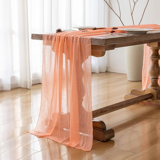 3Pcs Coral Peach Cheesecloth Table Runner 120 Inches - Image 4