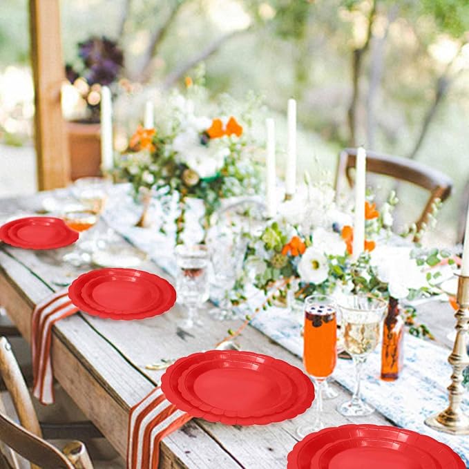 50 Pcs Red Scalloped Paper Plates 25 × 7'' and 25 × 9'' Disposable Red - Image 6