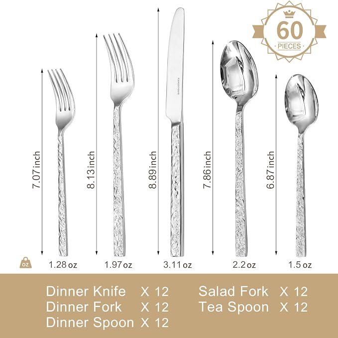60 Pcs Hammered Silverware Set for 12, 18/10 Stainless Steel Heavy Duty - Image 2