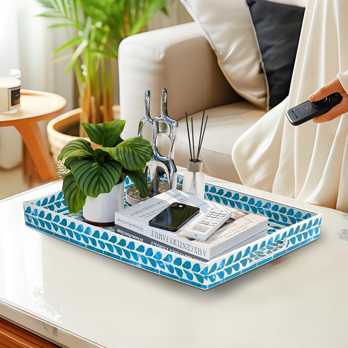 Plastic Serving Tray with Handles, Rectangle Blue Decorative Tray | Coffee - Image 5