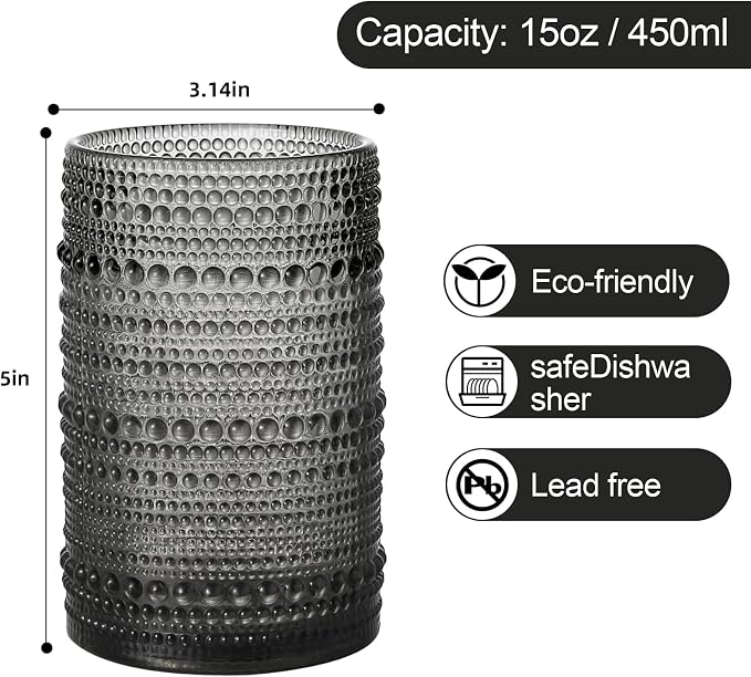 ZMOWIPDL Drinking Glasses Set of 6, 15 oz Grey Hobnail Glass Cups | Vintage - Image 2