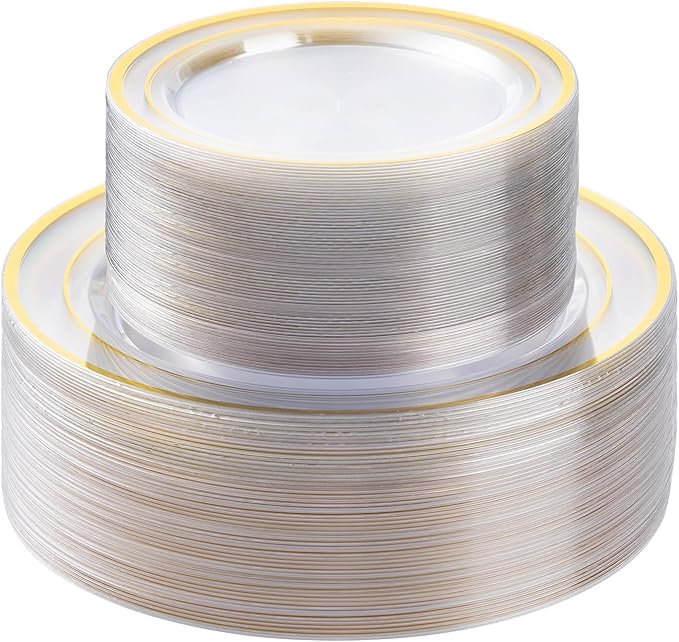 BESTSTAR 100PCS Clear Gold Plastic Plates Set | 50 10.25 inch Dinner Plates and by BESTSTAR