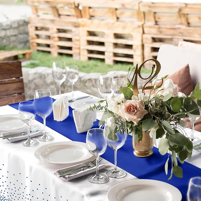 8Pack Disposable Plastic Tablecloths and Satin Table Runner White and Royal - Image 6