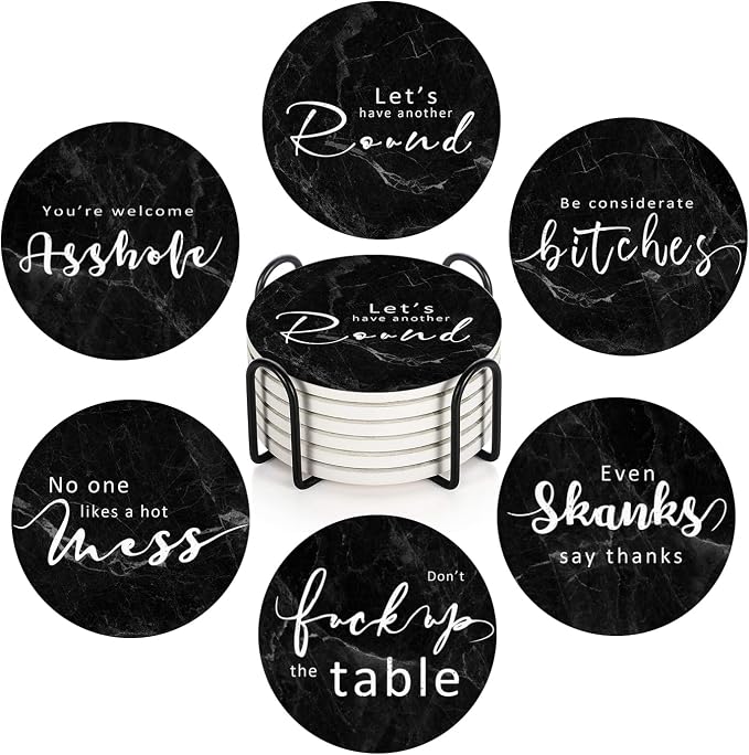 Coasters for Drinks, Ceramic Stone Black Marble | Absorbent Round Table Mat by BRIBAY