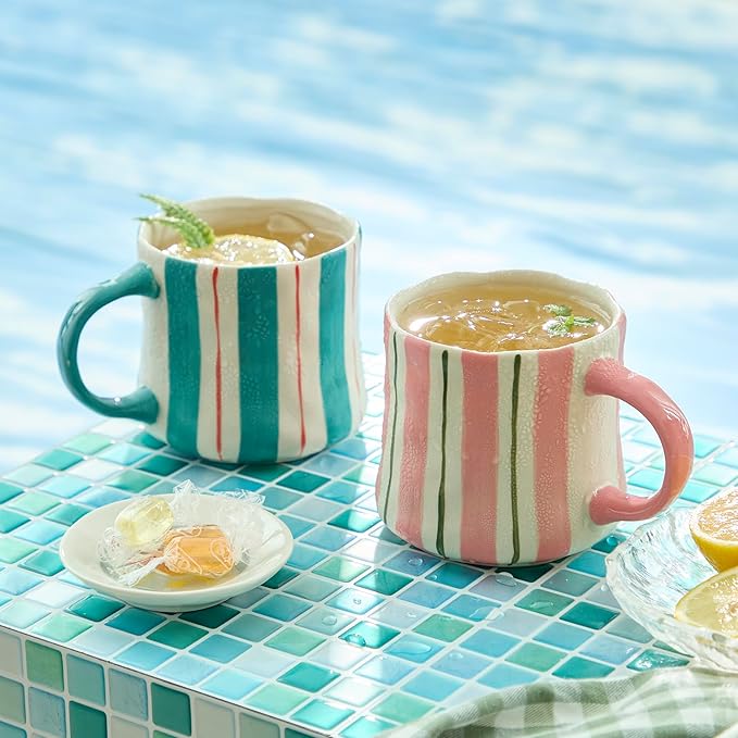 Striped Ceramic Coffee Mugs Set of 2, Tea & Cocoa, 12oz Dishwasher & Microwave by DelightsGalore
