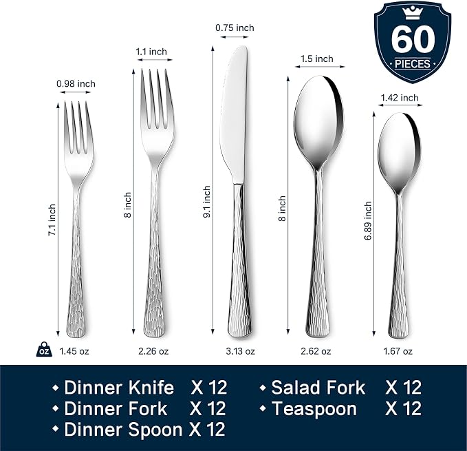 Silverware Set for 12, 60 Piece Flatware Set, 18/10 Stainless Steel | Hammered - Image 2