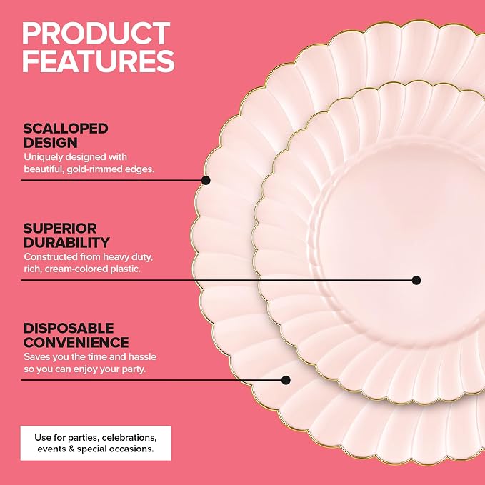 Stock Your Home 100 Pack Pink & Gold Scalloped Plastic Plates, Disposable Heavy - Image 3