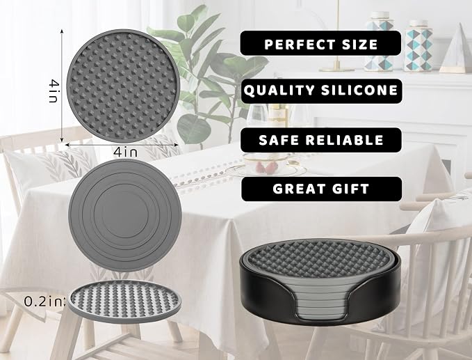 Rubber Coasters Set 6 with Holder, Non-Slip Silicone Drink Coaster Cup Mats | - Image 6