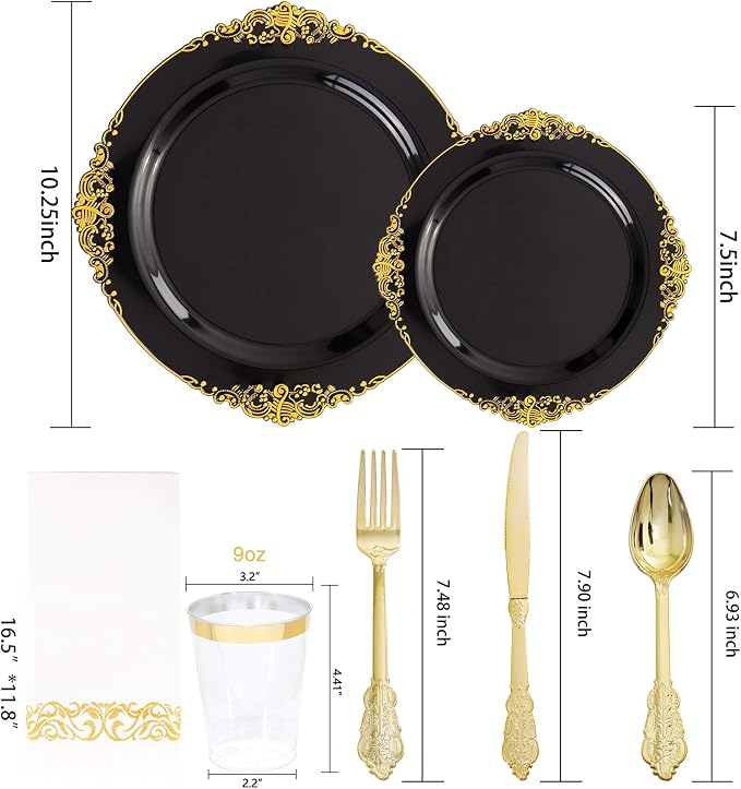 175 Pcs Black Gold Plates for Graduation | Black Party Plates Set for 25 Guests - Image 5