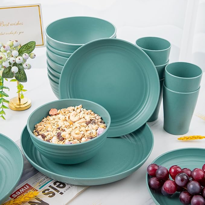 32 Pcs Teal Wheat Straw Dinnerware Set - Image 5