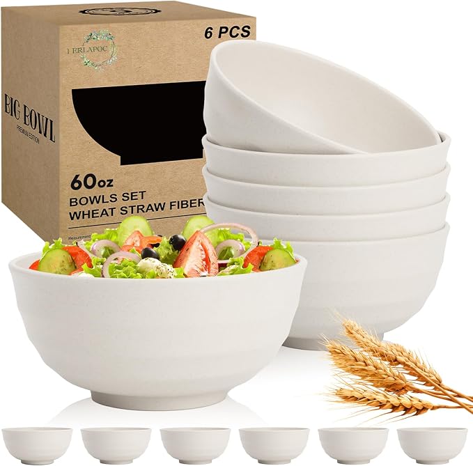 Large Salad Bowl, Wheat Straw Bowls Set 60 OZ, Unbreakable Big Bowls Set of 6 by Perlapoc