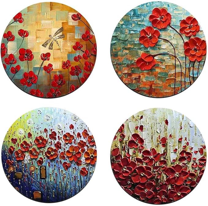 Red Watercolor Flowers Round Coaster Set-Made of Recycled Rubber-Set of 4 by QJ+CMJ
