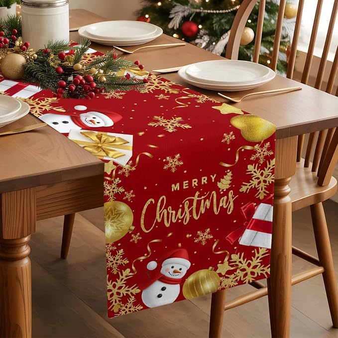 Merry Christmas Table Runner 72 Inches Long, Xmas Balls Snowman Snowflake Table - Image 3