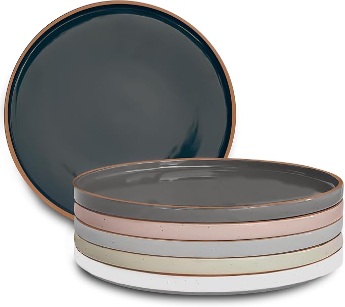 MORA Ceramic Flat Dinner Plates Set of 6, 10.5 in High Edge Dish Set by MORA