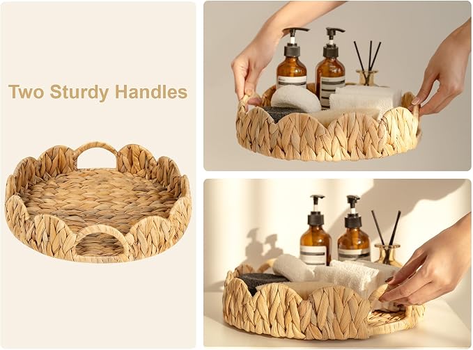 StorageWorks Round Scalloped Tray, Wicker Rattan Serving Tray - Image 6