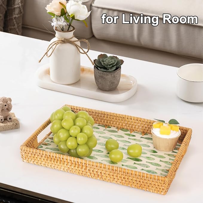 Rectangle Rattan Tray with Mother of Pearl Inlay, Rattan Serving Tray with - Image 5
