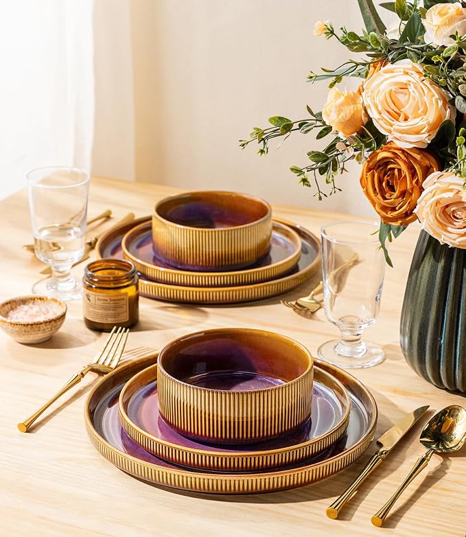 Ceramic Dinnerware Set for 4, 12-Piece Plates and Bowls Set | Lightweight - Image 6