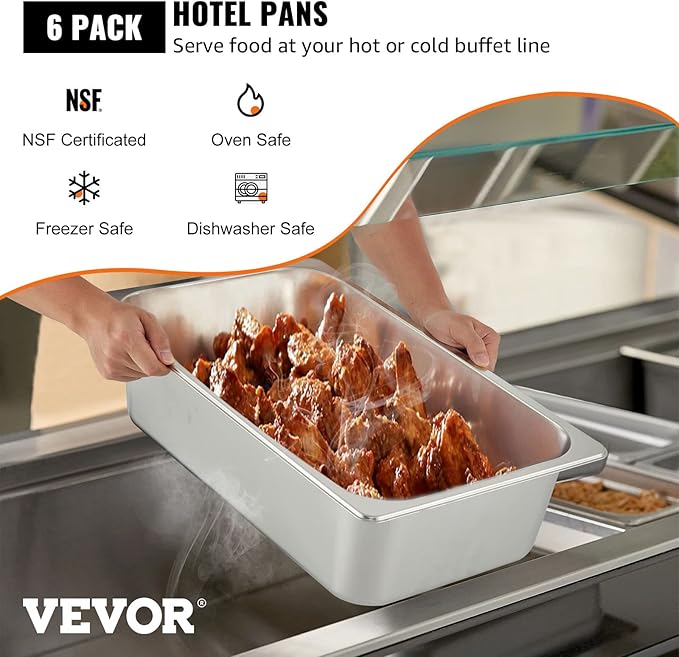 VEVOR 6 Pack Hotel Pans, Full Size 6-Inch, Stainless Steel Steam Table - Image 2