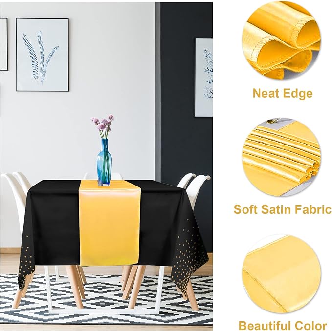 12Pack Disposable Plastic Tablecloths and Satin Table Runner Set Black and Gold - Image 3