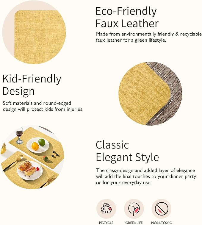 Maxpearl Faux Leather Placemats Set of 4, Light Yellow | Waterproof - Image 7