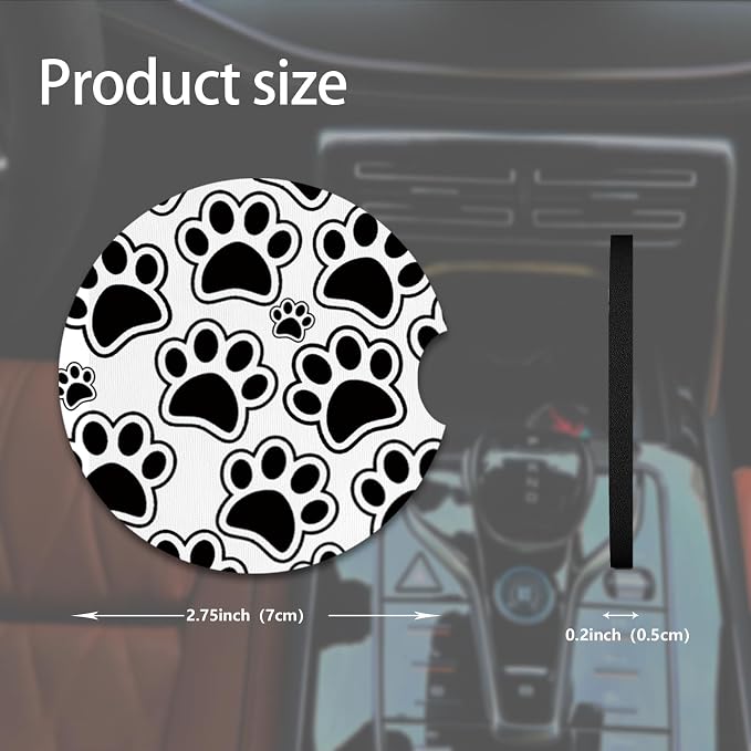 2pcs Black Dog Paw Print Car Coasters, Absorbent Universal neoprener Cup Holder - Image 2