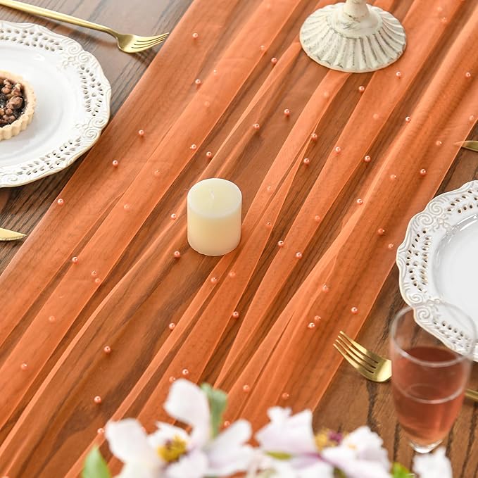 Artoid Mode Pearl Orange Gauze Table Runner 59x120 Inch, Seasonal Sheer Kitchen - Image 4