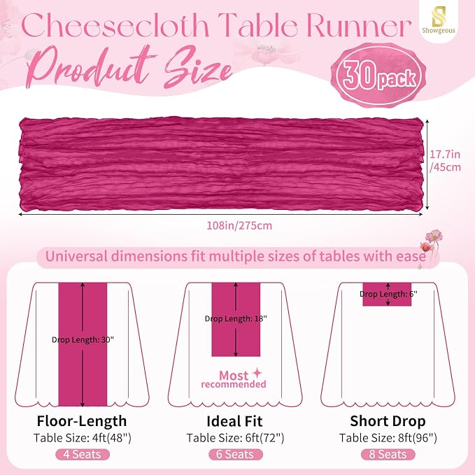 Showgeous 30 Pack Fuschia Cheesecloth Table Runner, 17 x 108 Inches | Boho - Image 2