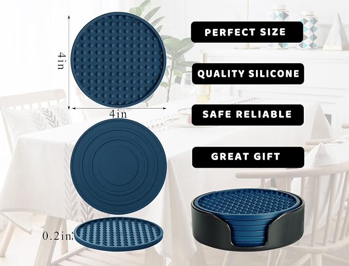 6 Pcs Drink Coaster with Holder Non-Slip Rubber Coasters Silicone Cup Mat | - Image 6