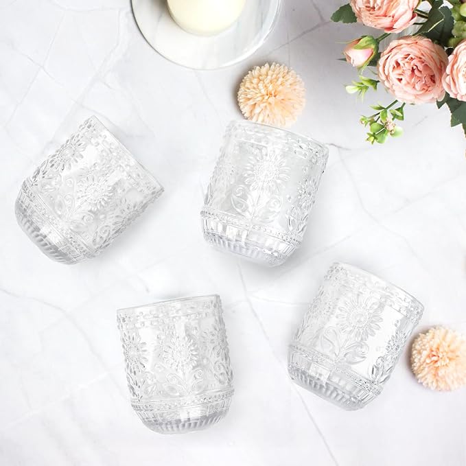 Topsky Vintage Drinking Glass Set of 4, 12 oz Embossed Floral Drinkware Set - Image 7