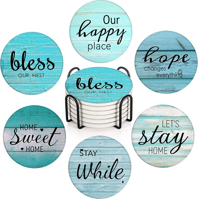 Coasters for Drinks, Ceramic Stone, Teal Blue | Beach Wood Antique Absorbent by Britimes