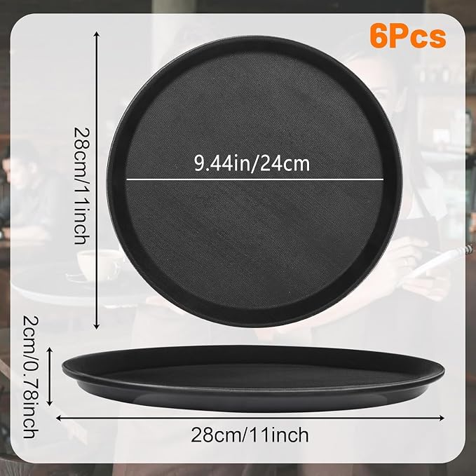 Mwellewm 6 Pcs Round Serving Tray, 11 Inch Non Slip Surface Round Tray Black - Image 5